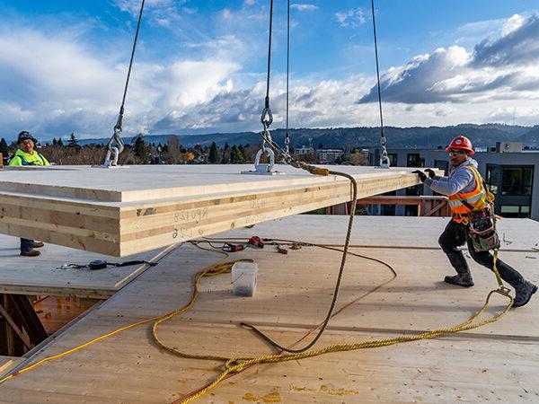 People Working Construction on a Timber Project by Guiding Large Wood Panels Suspended by a Crane